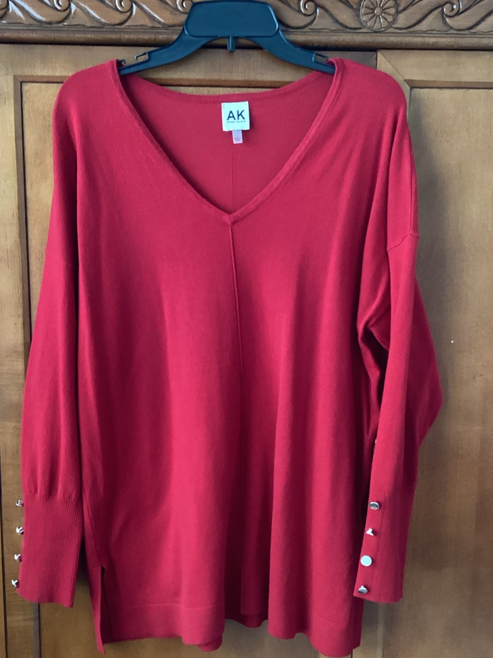 Anne Klein Red V-Neck Long light weight sweater with Button Cuff Detail